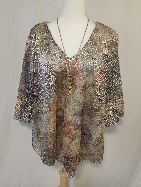 Davinchy Tops - Women's Metallic Floral V-Neck Blouse in Multi With Detatchable Necklace